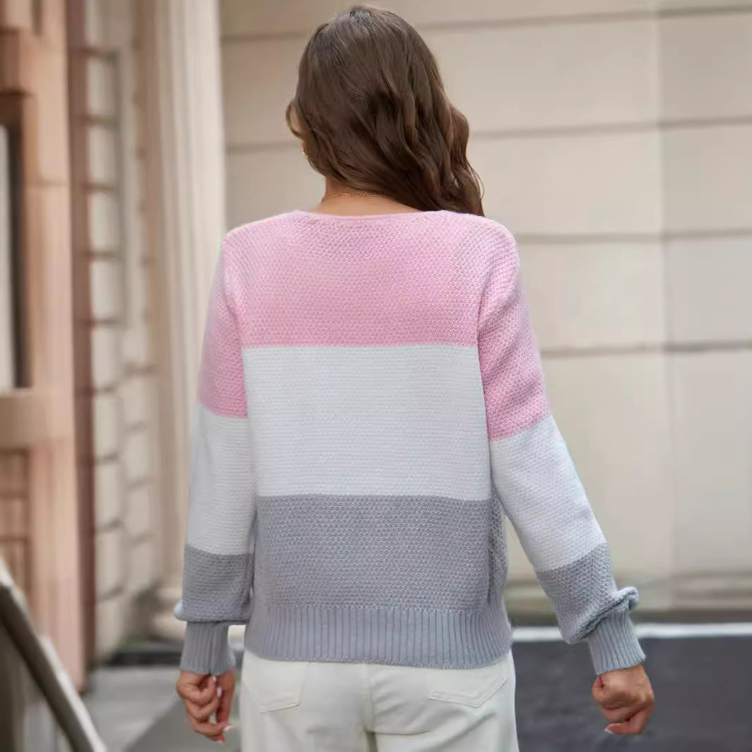 Long Sleeve Sweater Fashion Colorblock Button Top