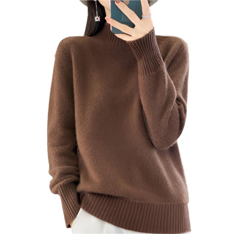 Women's Half Turtleneck Keep Warm Pure Color Cashmere Brown Wool