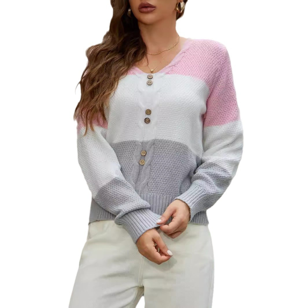 Long Sleeve Sweater Fashion Colorblock Button Top Pink Wool