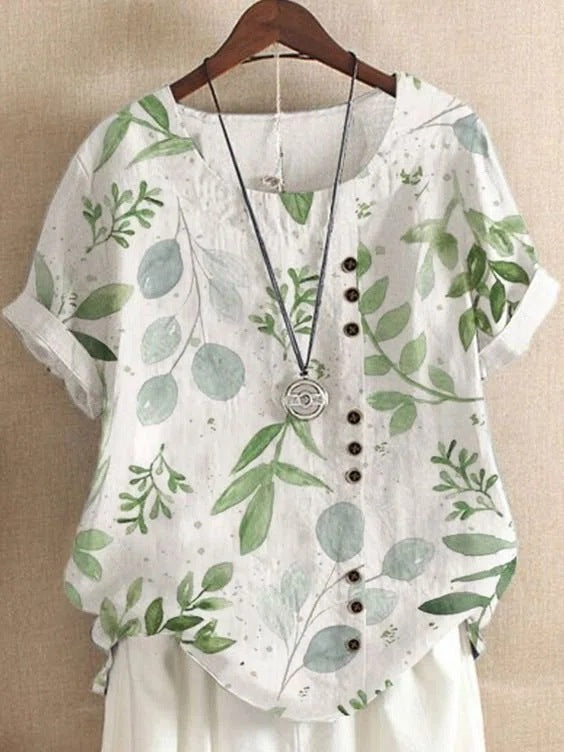 Retro Cotton And Linen Printed Loose Casual Shirt Short-sleeved T-shirt For Women Flower 4