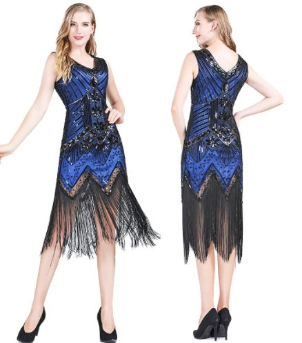 Vintage Sequined Fringe Dress Party Dance Dress Sapphire