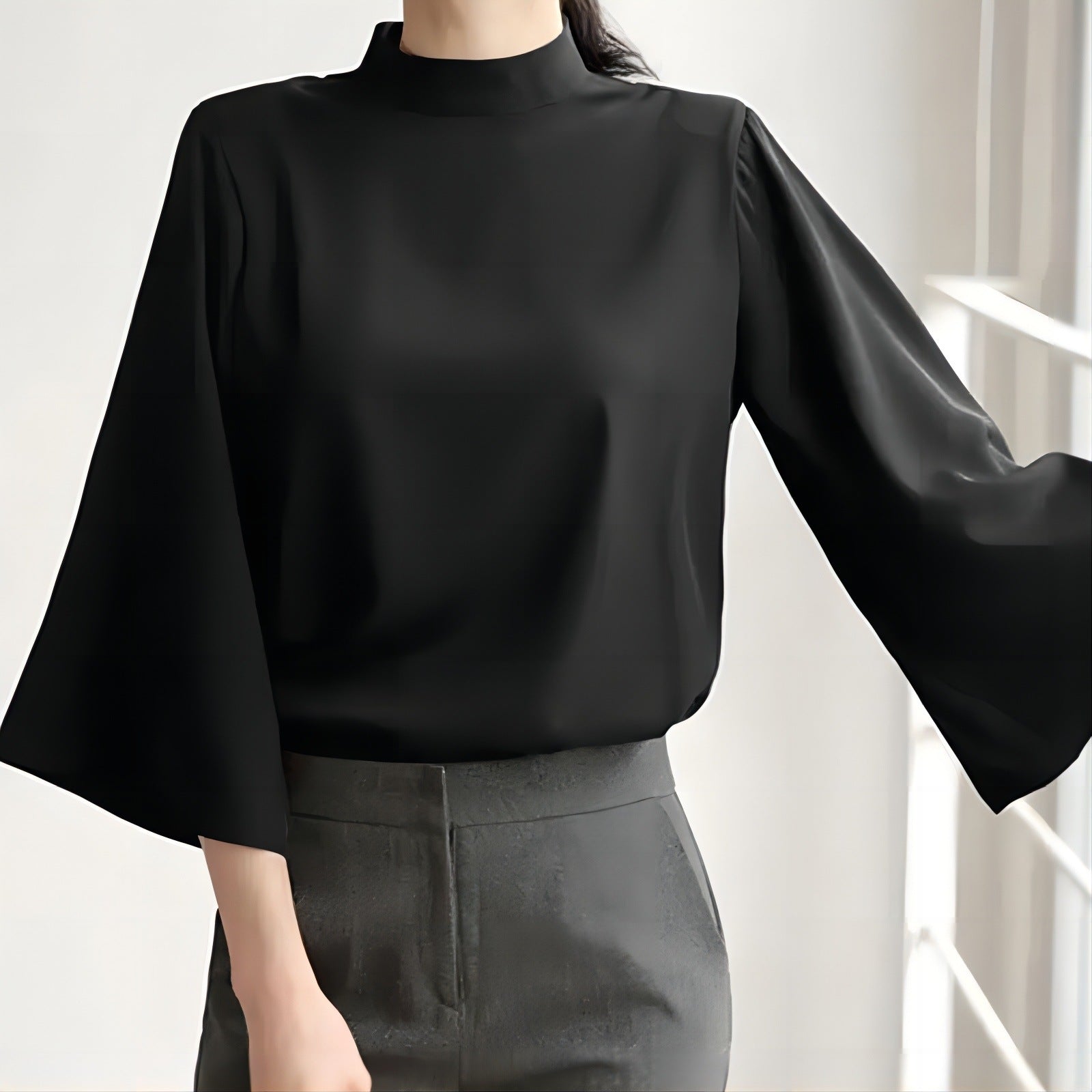 Spring And Summer Stand-up Collar Puff Sleeve Casual Shirt Black