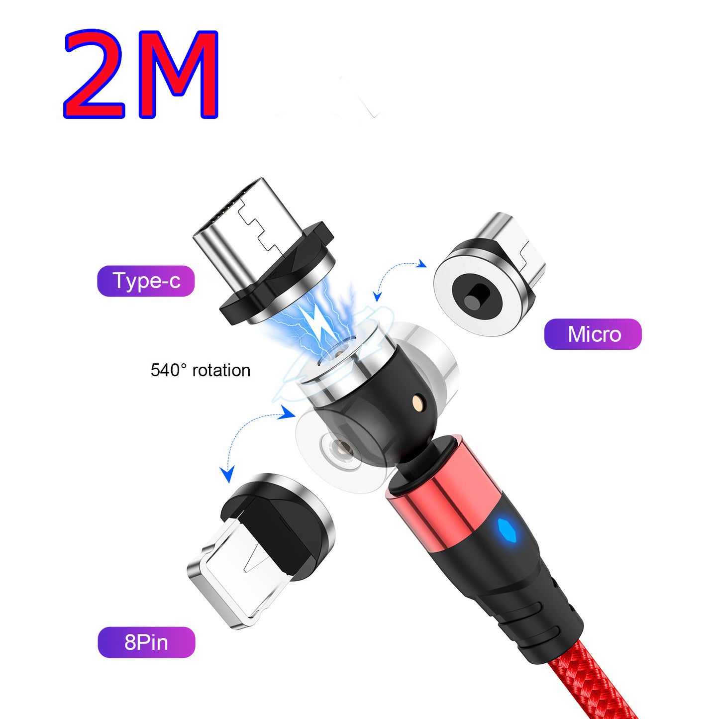 Magnetic data cable - Android/iOS/Type-C Red 2M 3magnetic suction heads