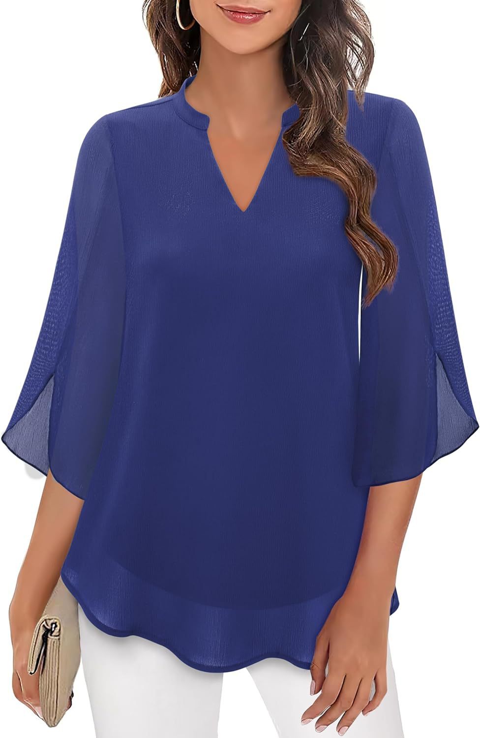 Women's Petal Sleeve Top Loose V-neck Chiffon Shirt Sapphire Blue