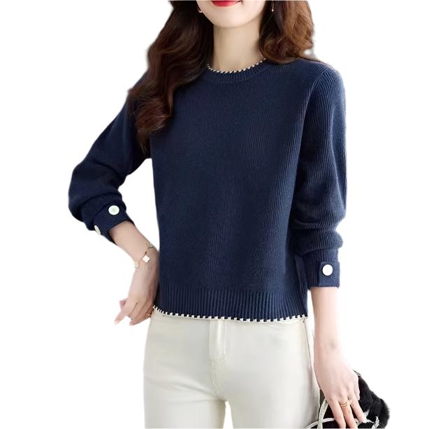 Women's Knitwear Simple Crew Neck Pullover Sweater Navy Blue Free Size