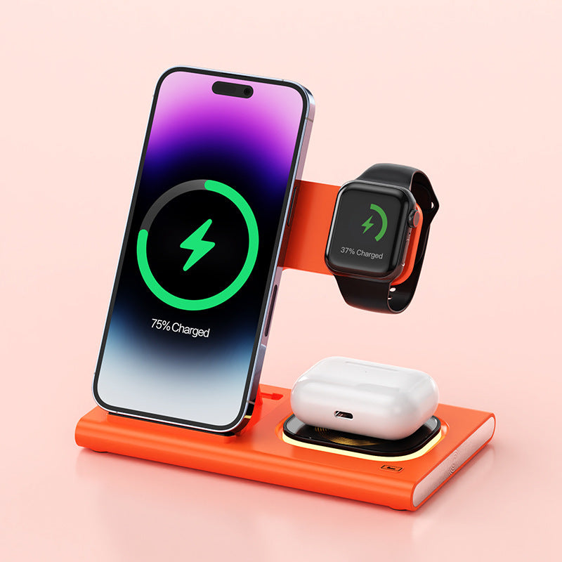 3 IN 1 15W Wireless Charging Charger Magnetic Desktop Night Light/watch Fast Charging Stand Orange