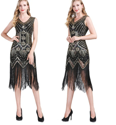 Vintage Sequined Fringe Dress Party Dance Dress Black gold