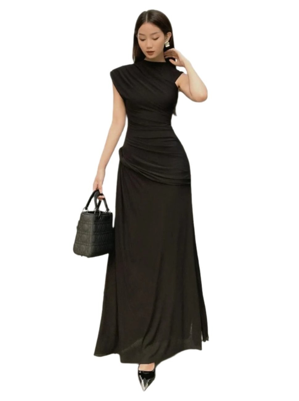 Pleated Round Neck Sleeveless Irregular Women's Party Dress Black Polyester