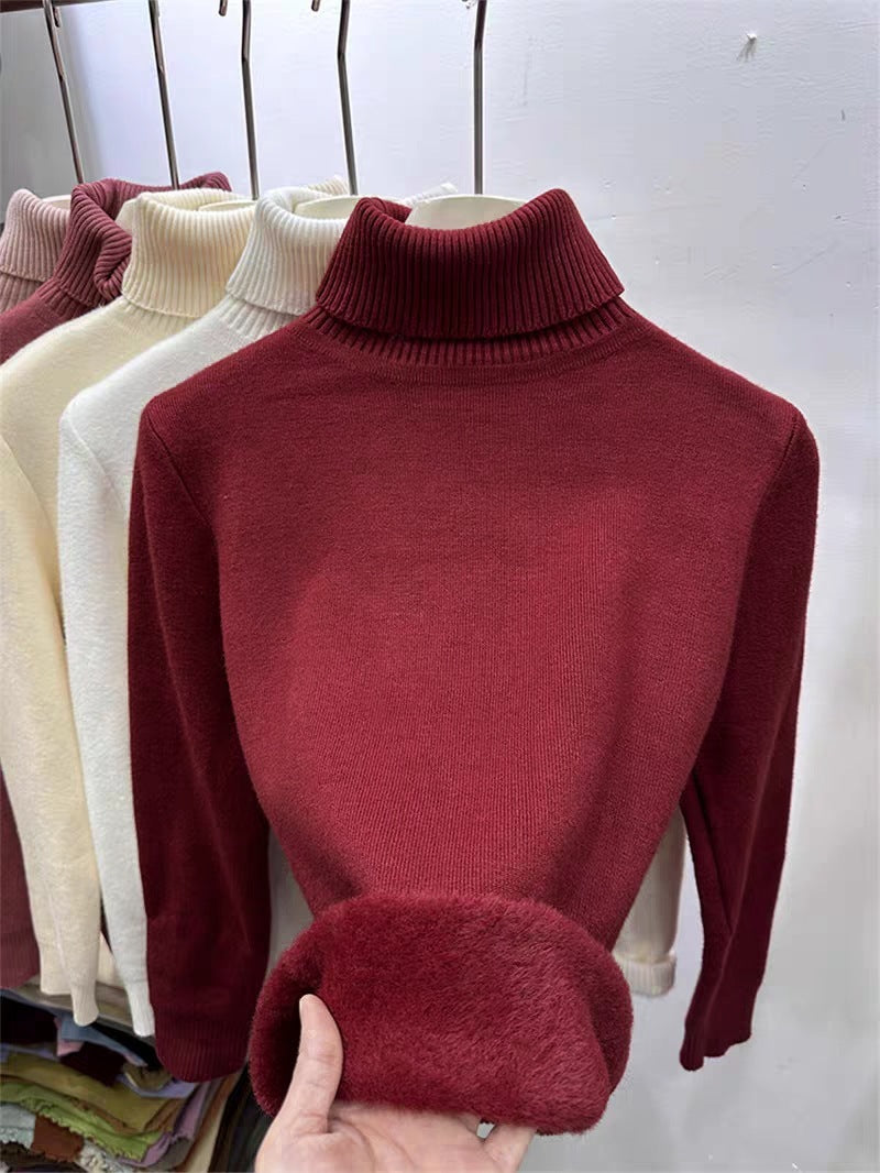 Fleece-lined Thickened Autumn And Winter Turtleneck Sweater Slim Fit Warm Wine Red Free Size Viscose