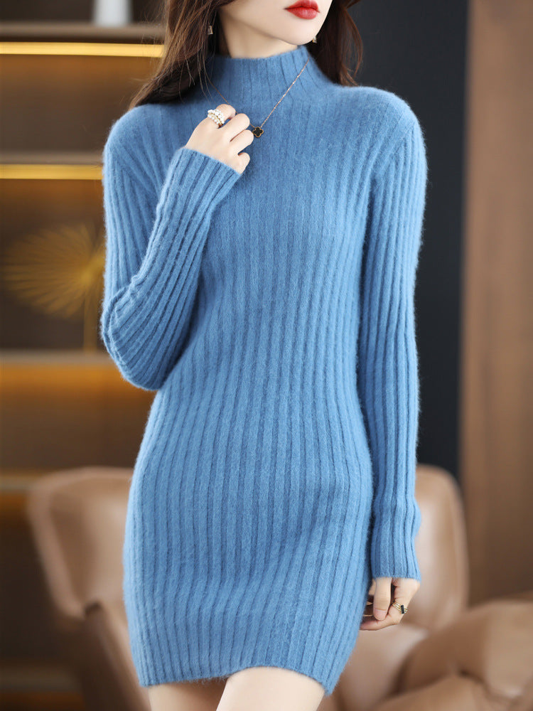 Autumn And Winter Artificial Mink Cashmere Sweater Women's Half Turtleneck Slim Fit Slimming Haze Blue Free Size Polyester