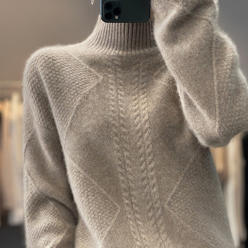 Autumn And Winter New Thickened Half-high Collar Knitted Soft Glutinous Loose Pullover Women Caramel Free Size