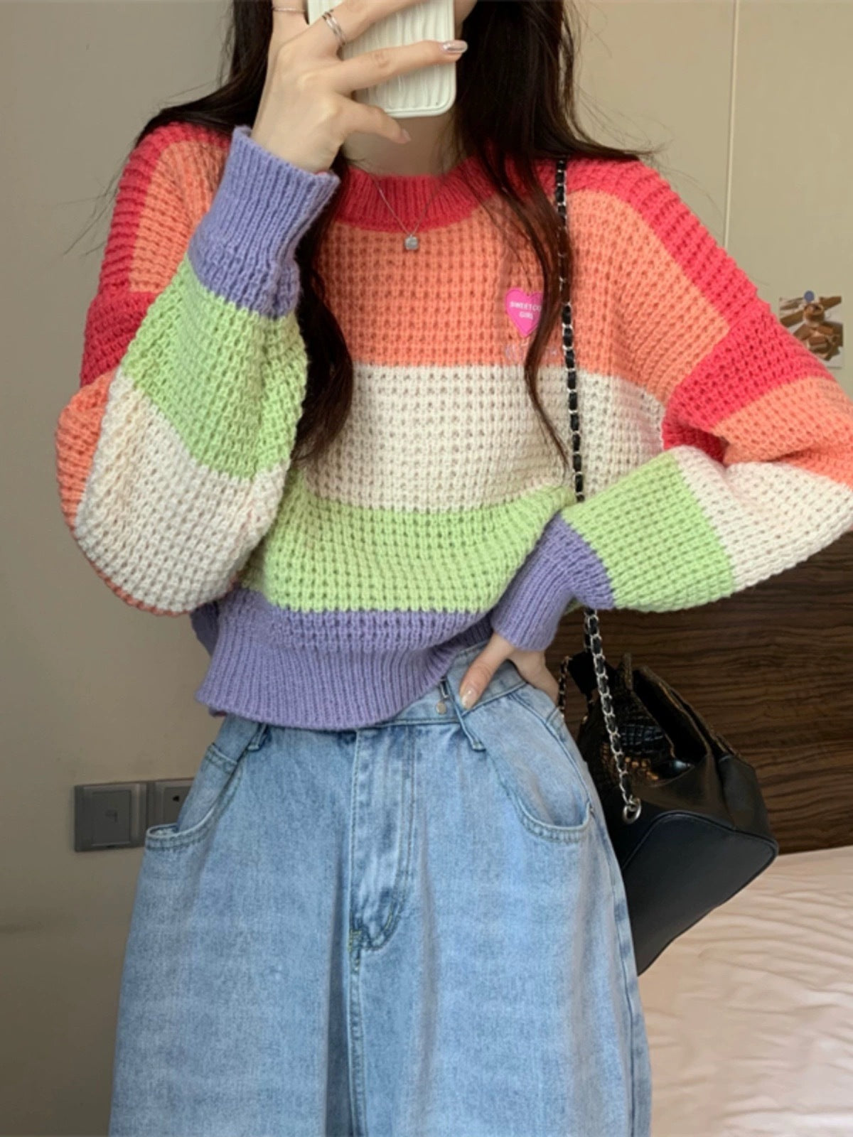 Loose Color Matching Knitwear Pullover Stripe Rainbow Sweater For Women