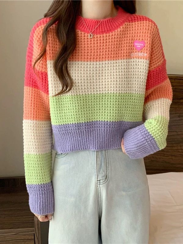 Loose Color Matching Knitwear Pullover Stripe Rainbow Sweater For Women