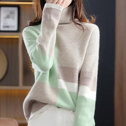 New High-necked Color-block Loose Slouchy Sweater