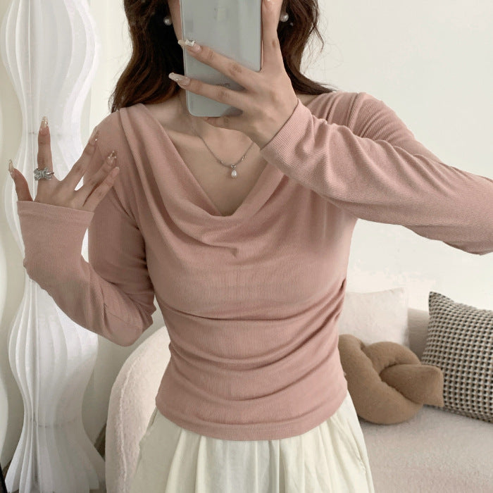 One-shoulder Cold-shoulder Long-sleeved T-shirt Women's Early Autumn Off-shoulder Top Pink Polyster