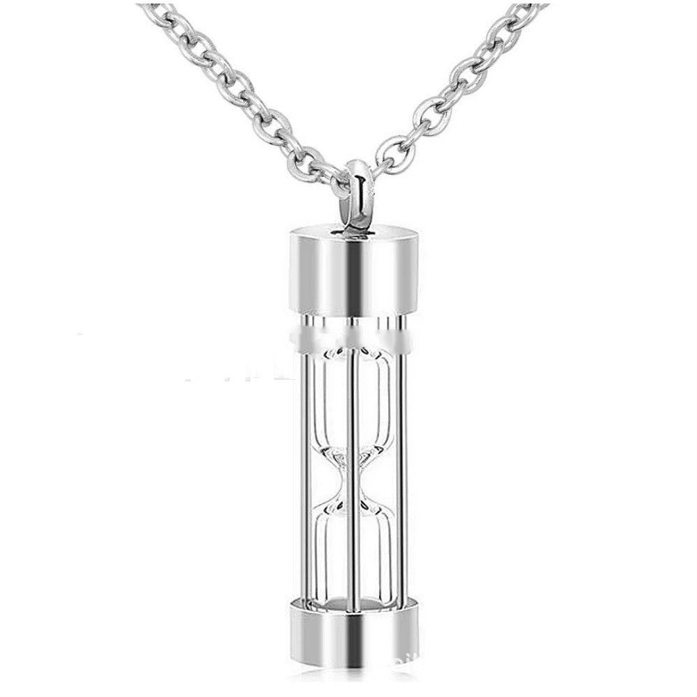 Stainless Steel Glass Hourglass Perfume Bottle Urn Pendant Silver