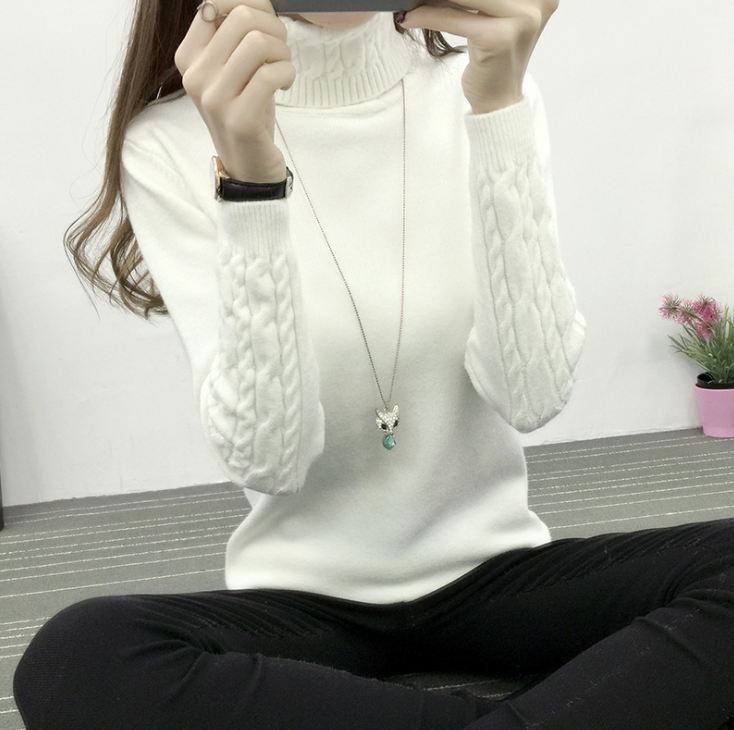 Turtleneck Cable-knit Pullover Thickened Slim Fit Slimming Sweater White Polyester