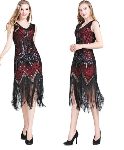 Vintage Sequined Fringe Dress Party Dance Dress Wine Red