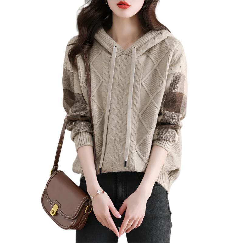 Women's Sweater Idle Style Casual Hooded Loose Sweater Long Sleeve Apricot Free Size Viscose