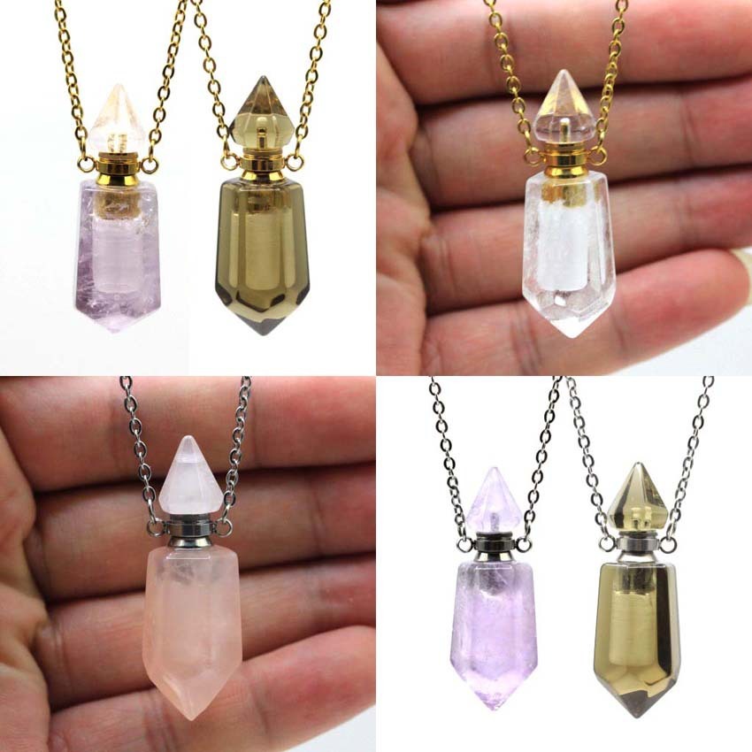 Natural Crystal Perfume Bottle Spiked Hexagon Necklace