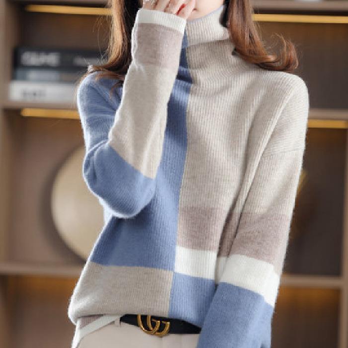 New High-necked Color-block Loose Slouchy Sweater