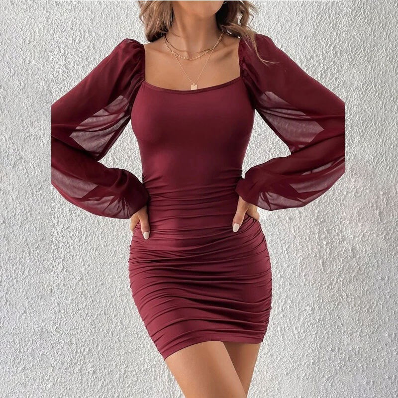 Mesh Stitching Ruffle Slim Fit Dress Women Wine Red Silk