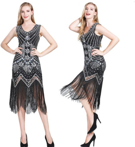 Vintage Sequined Fringe Dress Party Dance Dress Black and silver