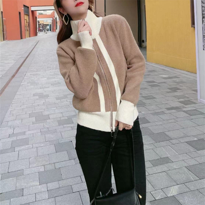 Women's Loose Temperament Korean-style Stand Collar Cardigan Khaki Free Size