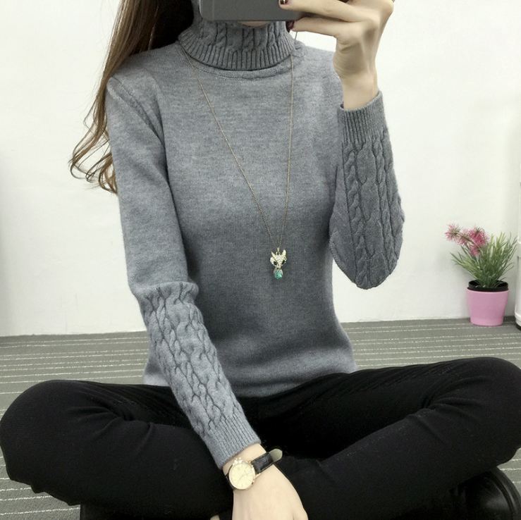 Turtleneck Cable-knit Pullover Thickened Slim Fit Slimming Sweater Gray Polyester