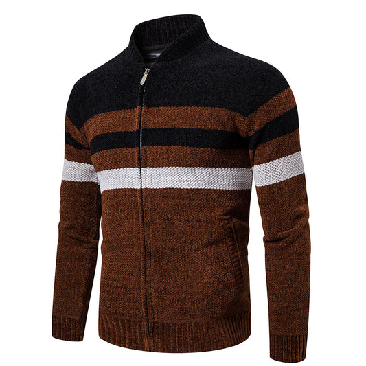 Casual Sweater Men Stand Collar Striped Color Matching Long Sleeves Coffee Polyster