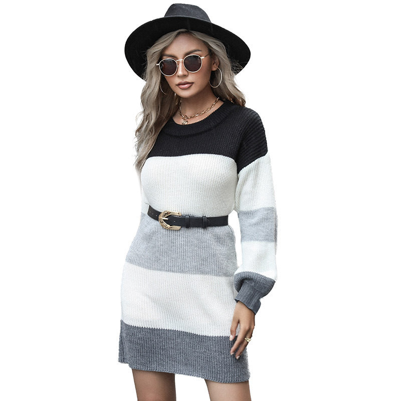 Casual Women's Clothing Loose Long Sleeve Color Matching Long Woolen Skirt LightGrayWhiteBlackSilver Polyester