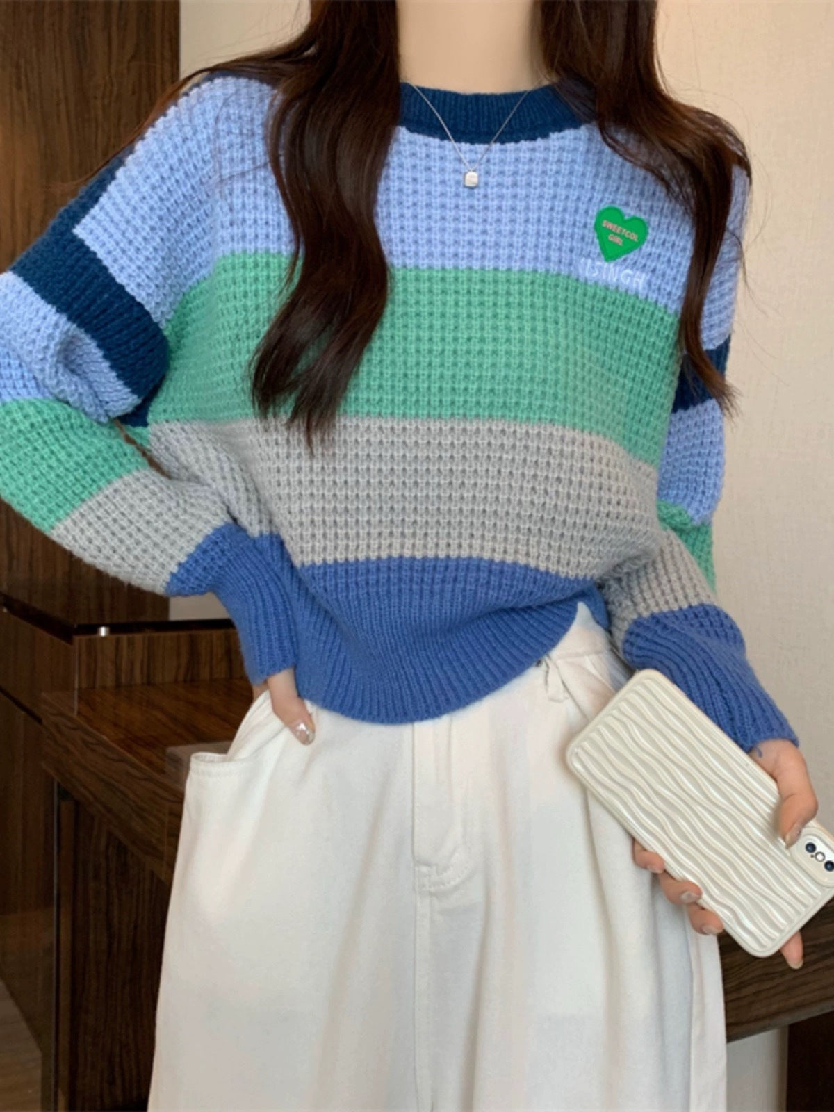 Loose Color Matching Knitwear Pullover Stripe Rainbow Sweater For Women