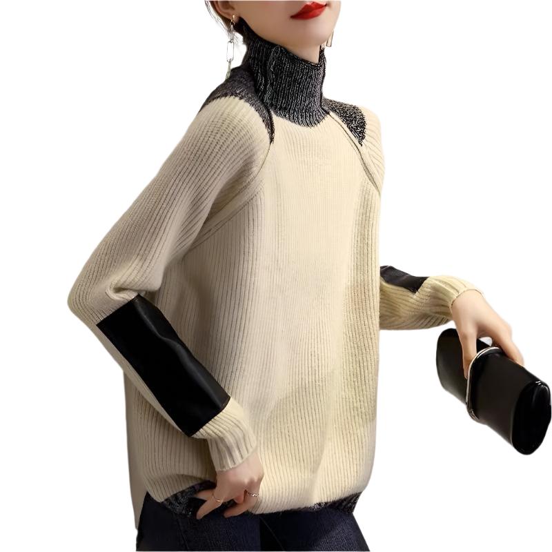 Women's Autumn And Winter Casual Loose High Neck Sweater Beige Polyester