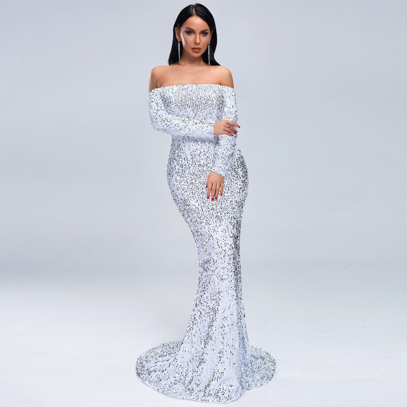 Strapless Long Sleeve Sequins Party Evening Dress White