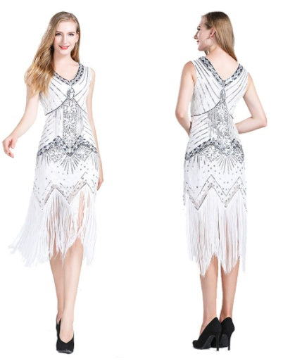 Vintage Sequined Fringe Dress Party Dance Dress White