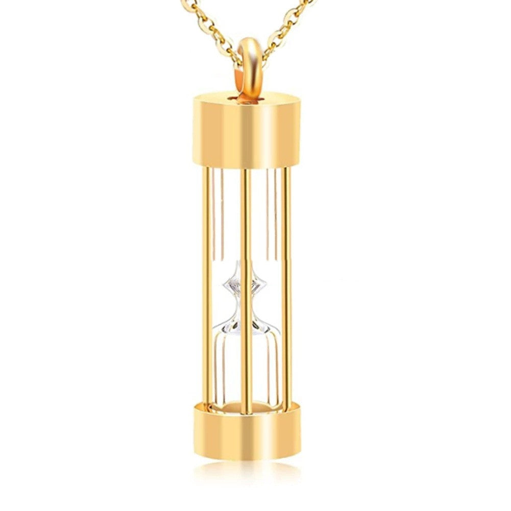 Stainless Steel Glass Hourglass Perfume Bottle Urn Pendant Gold