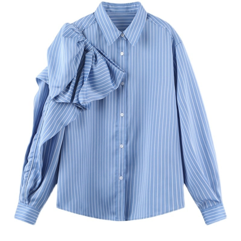 Casual Blue Striped Shirts For Women Lapel Long Sleeve Korean Bowknot Patchwork Blouses