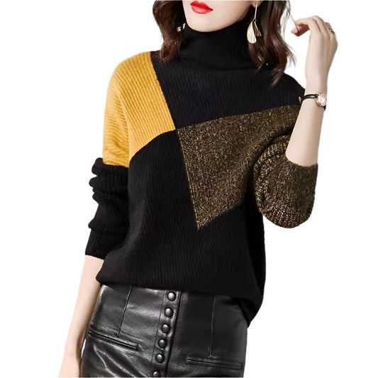 Women's Loose High Collar Color Matching Sweater Yellow