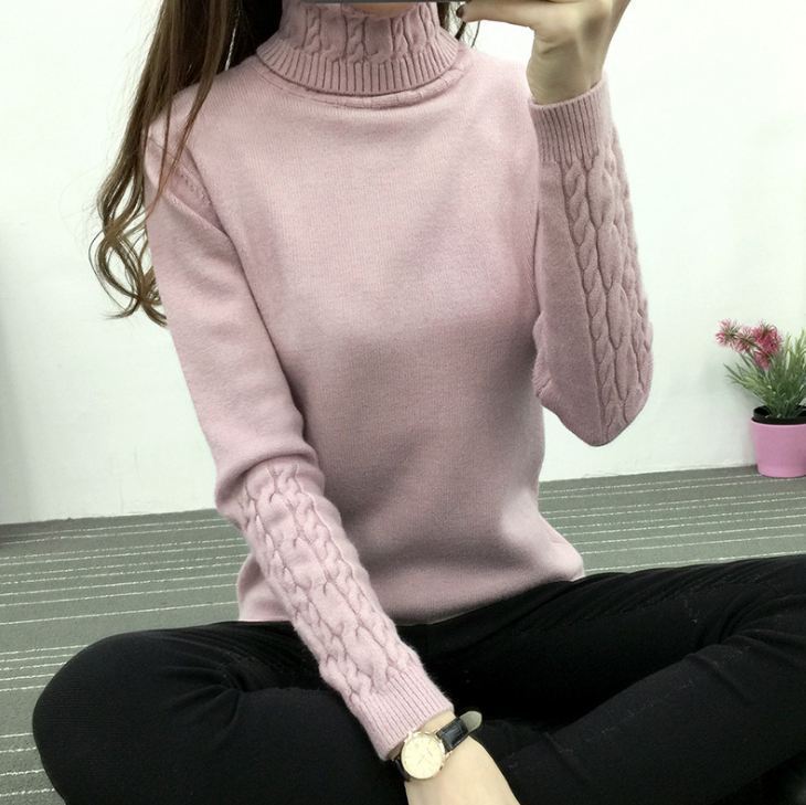 Turtleneck Cable-knit Pullover Thickened Slim Fit Slimming Sweater Pink Polyester