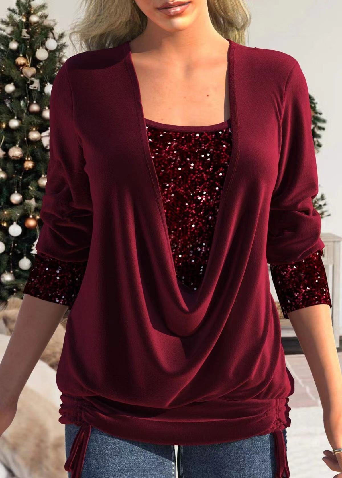 Pure Color Sequins Stitching U-neck Long-sleeved Elegant Casual T-shirt Top Burgundy