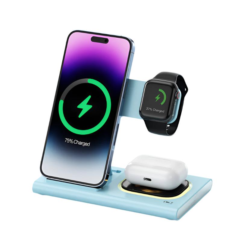 3 IN 1 15W Wireless Charging Charger Magnetic Desktop Night Light/watch Fast Charging Stand Blue