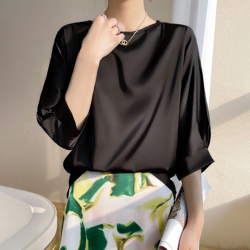 Women's Round Neck Mulberry Silk Loose Satin Cropped Ice Silk Short Sleeve T-shirt Top Black