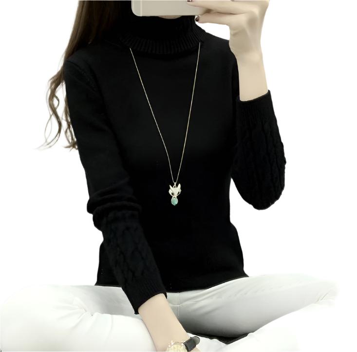 Turtleneck Cable-knit Pullover Thickened Slim Fit Slimming Sweater Black Polyester