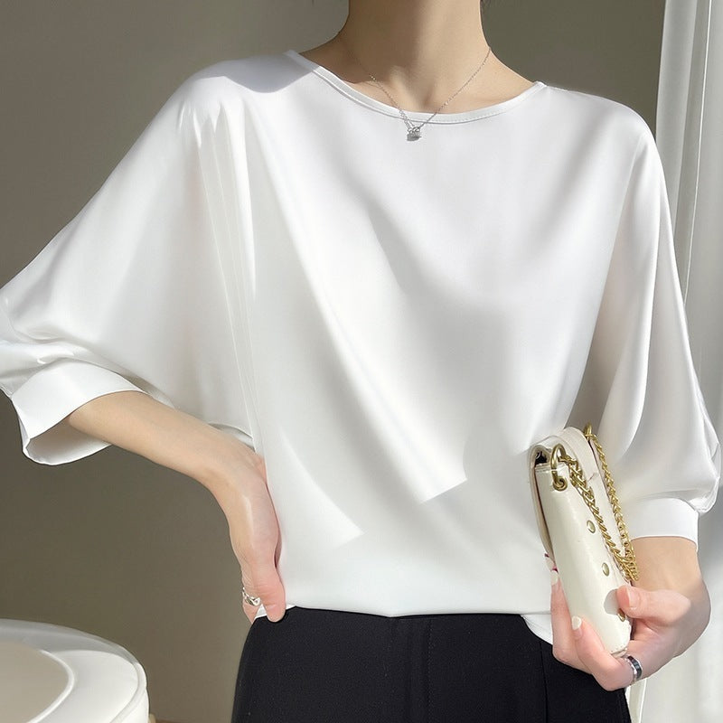 Women's Round Neck Mulberry Silk Loose Satin Cropped Ice Silk Short Sleeve T-shirt Top