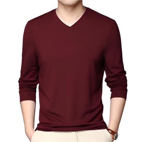 Silk T-shirt Men's Ice Silk Long-sleeved Thin V-neck Silk Bottoming Shirt Wine Red Silk