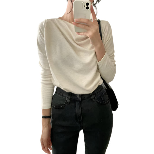 Loose Leisure All-matching Solid Color Long Sleeve Underwear T-shirt Top Women Beige Free Size