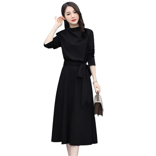 Fashion Casual Thin Long Sleeve Dress Black Polyester