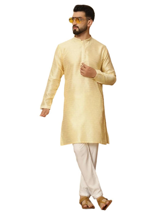 Men's Jacquard Solid Kurta Pyajama Set Yellow Cotton