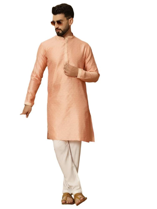 Men's Jacquard Solid Kurta Pyajama Set Beige Cotton