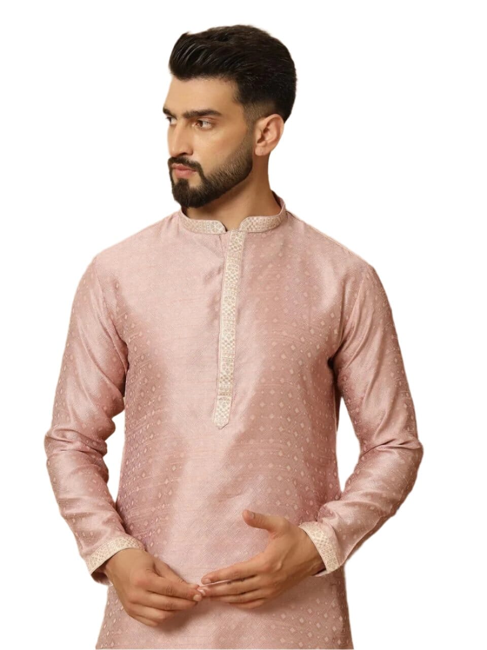 Men's Jacquard Solid Kurta Pyajama Set Pink Cotton